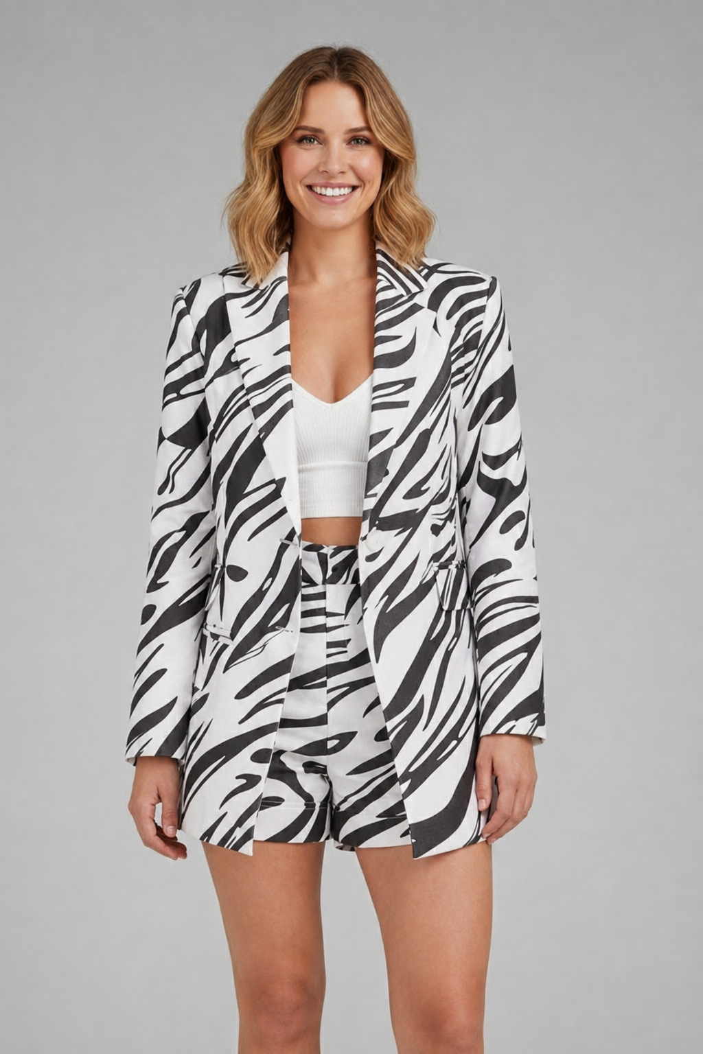 Women’s Printed Blazer Set with Open Front and High Waist Shorts 0