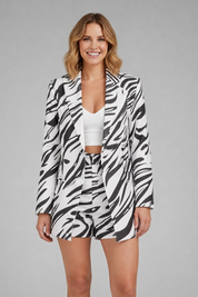 Women’s Printed Blazer Set with Open Front and High Waist Shorts 0