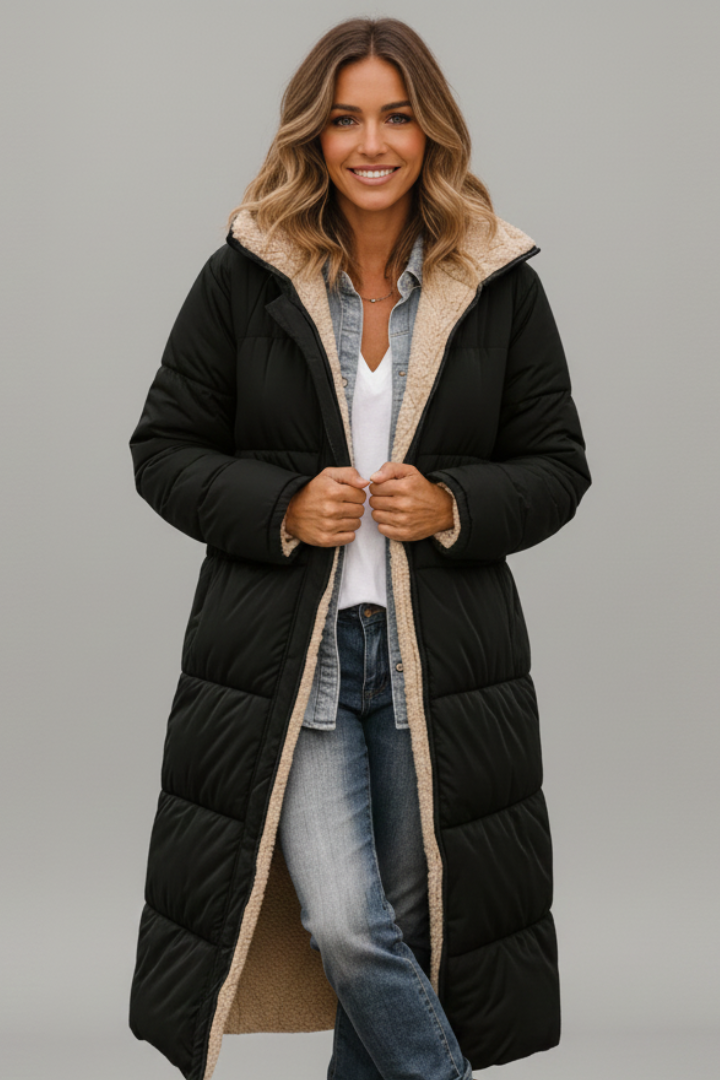 Women's Quilted Long Coat with Hood and Zip Closure 0