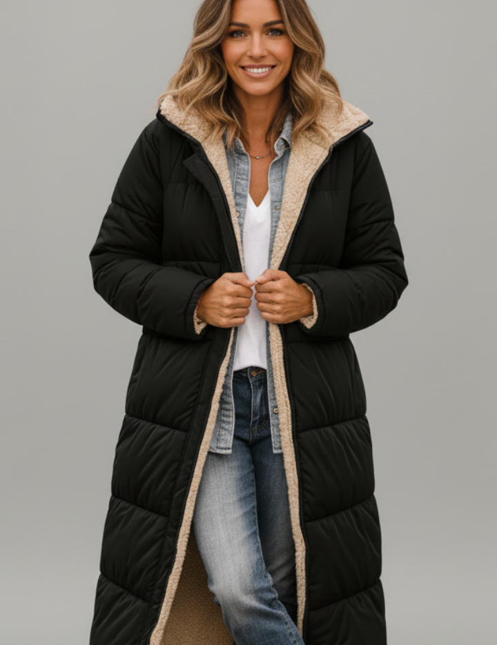 Women's Quilted Long Coat with Hood and Zip Closure 0