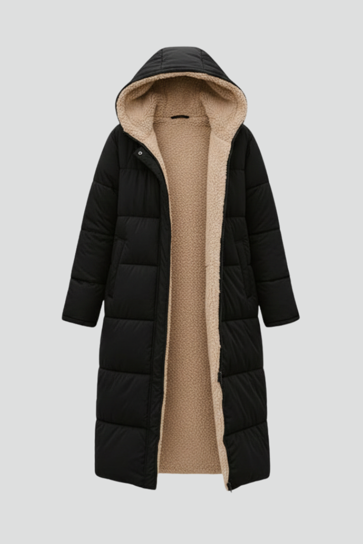 Women's Quilted Long Coat with Hood and Zip Closure 1