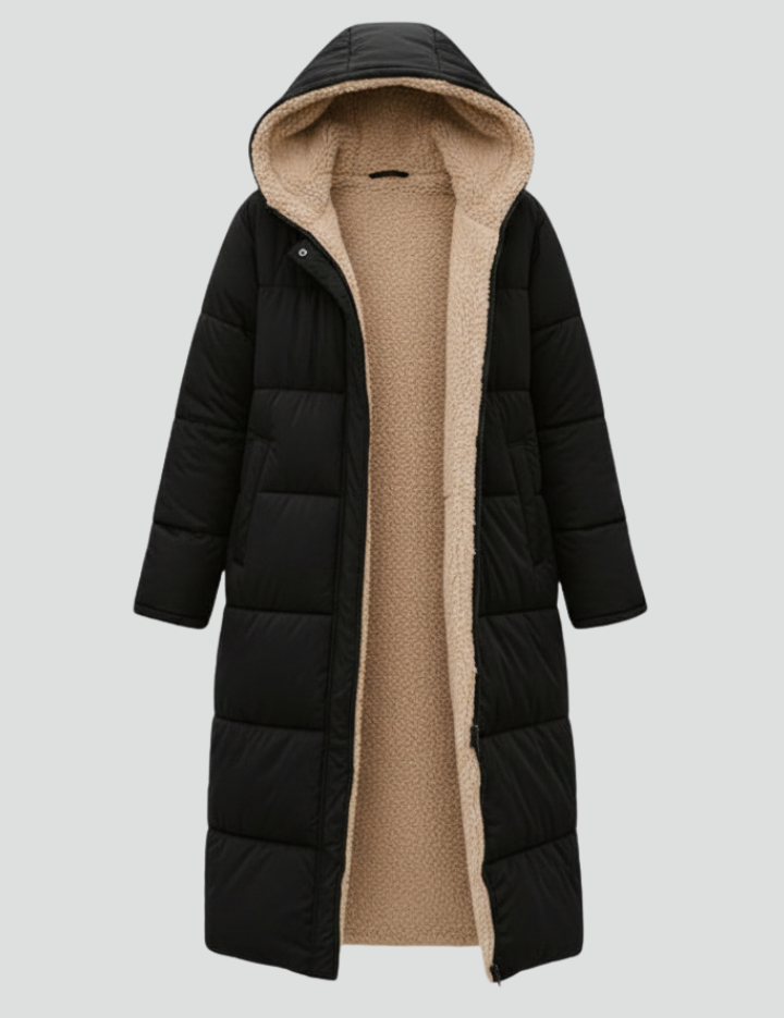 Women's Quilted Long Coat with Hood and Zip Closure 1