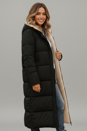 Women's Quilted Long Coat with Hood and Zip Closure 2