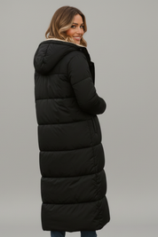 Women's Quilted Long Coat with Hood and Zip Closure 3
