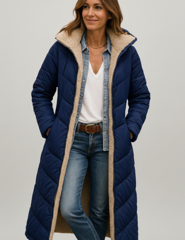 Women's Quilted Long Coat with Hood and Zip Closure 4