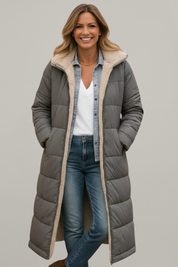 Women's Quilted Long Coat with Hood and Zip Closure 5