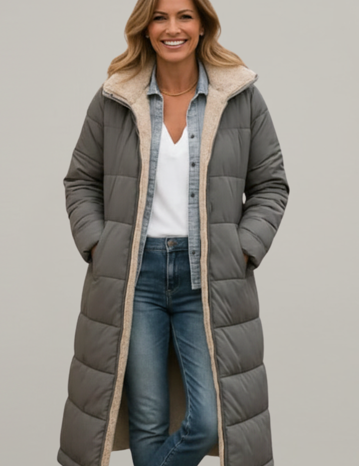 Women's Quilted Long Coat with Hood and Zip Closure 5