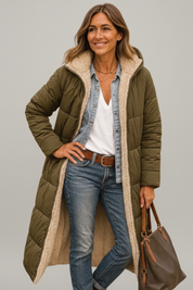 Women's Quilted Long Coat with Hood and Zip Closure 6