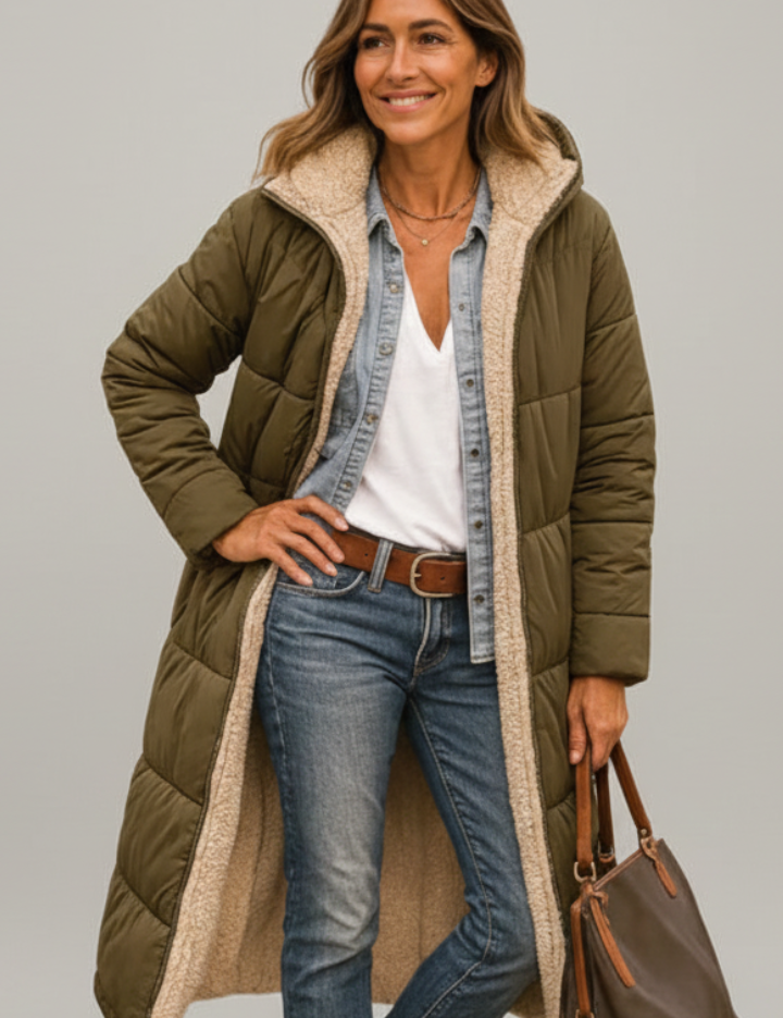 Women's Quilted Long Coat with Hood and Zip Closure 6