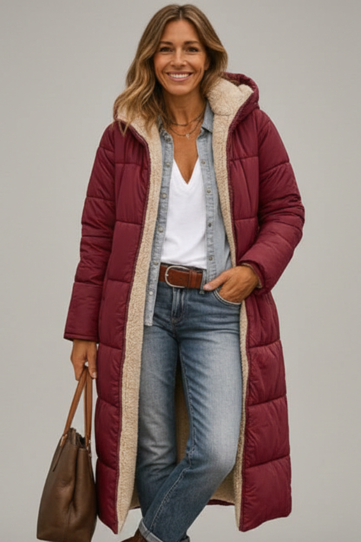 Women's Quilted Long Coat with Hood and Zip Closure 7