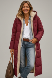 Women's Quilted Long Coat with Hood and Zip Closure 7