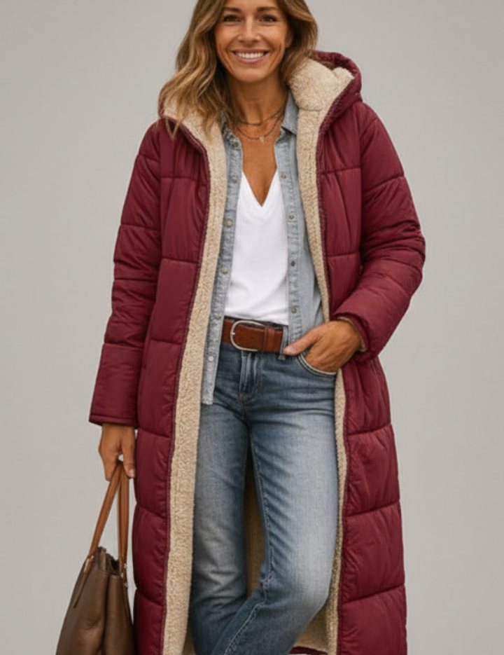 Women's Quilted Long Coat with Hood and Zip Closure 7