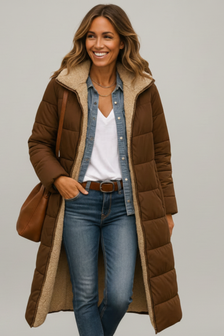 Women's Quilted Long Coat with Hood and Zip Closure 8