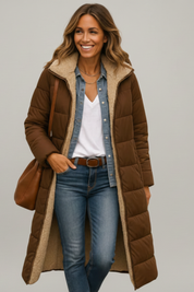 Women's Quilted Long Coat with Hood and Zip Closure 8