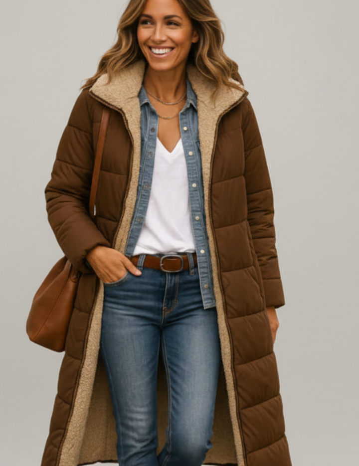 Women's Quilted Long Coat with Hood and Zip Closure 8