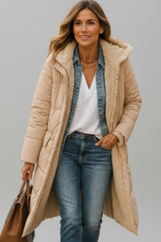 Women's Quilted Long Coat with Hood and Zip Closure 9