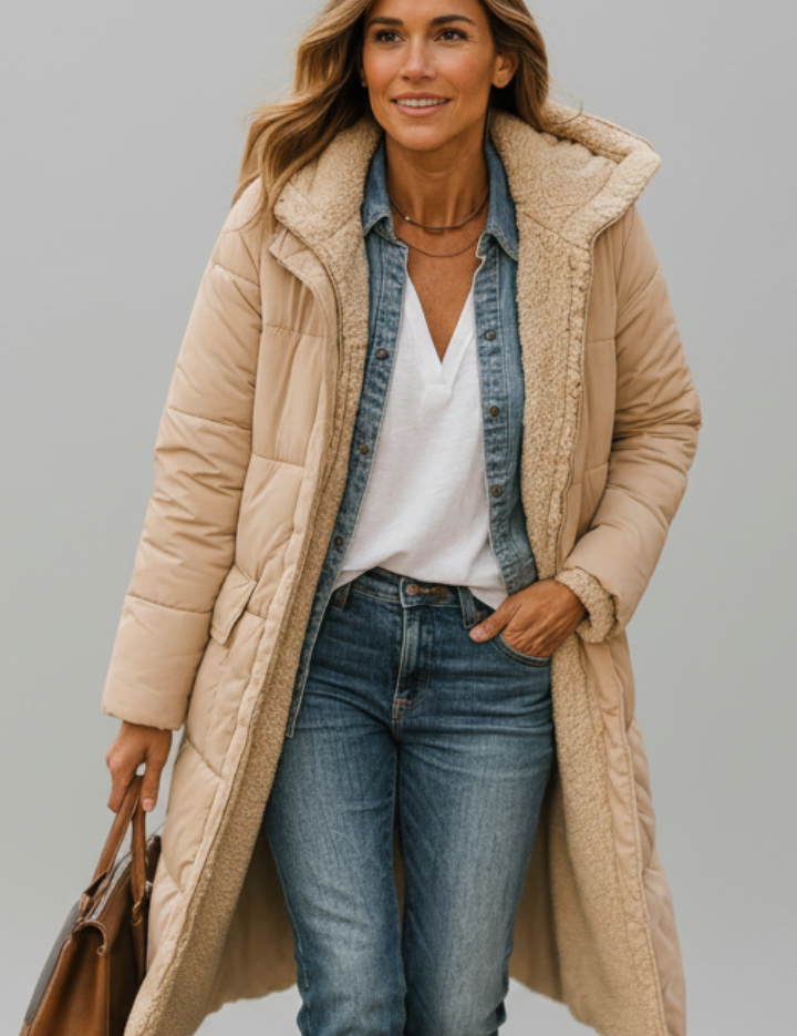 Women's Quilted Long Coat with Hood and Zip Closure 9