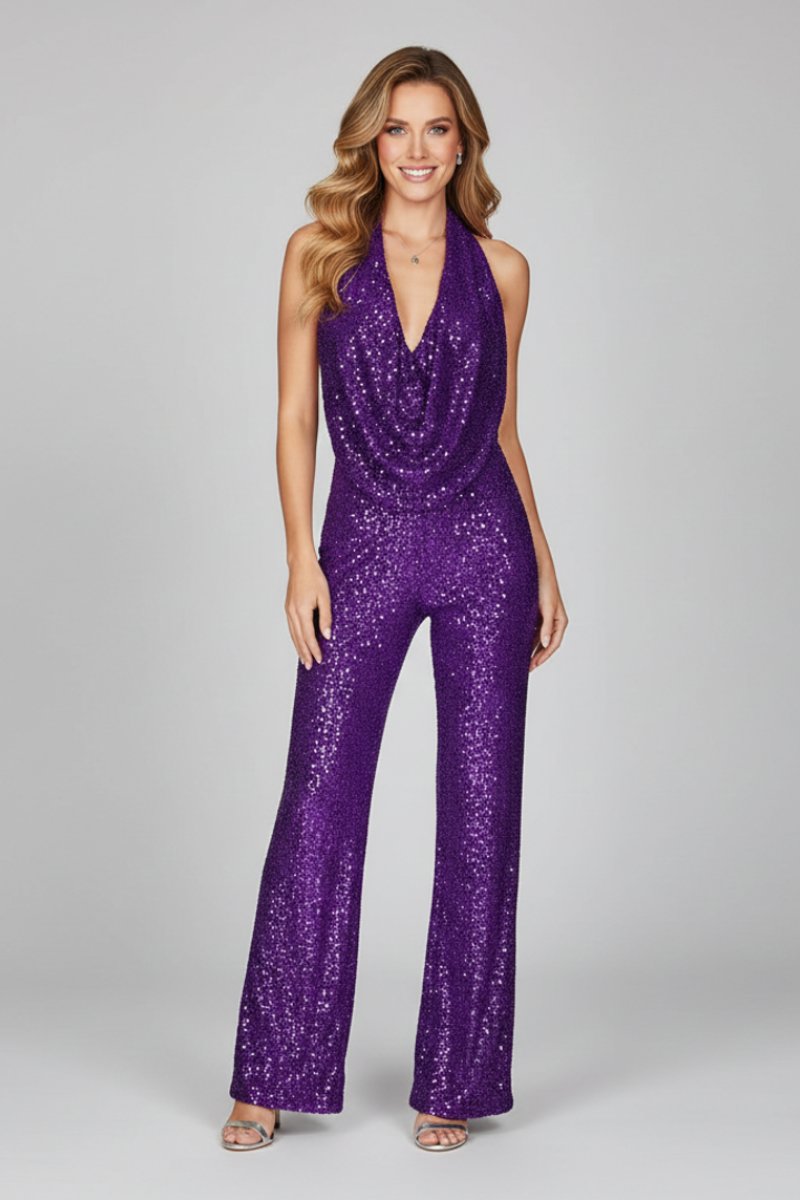 Women's Sequin Jumpsuit, Halter Neck, Wide Leg Evening Wear for Glamorous Celebrations 5