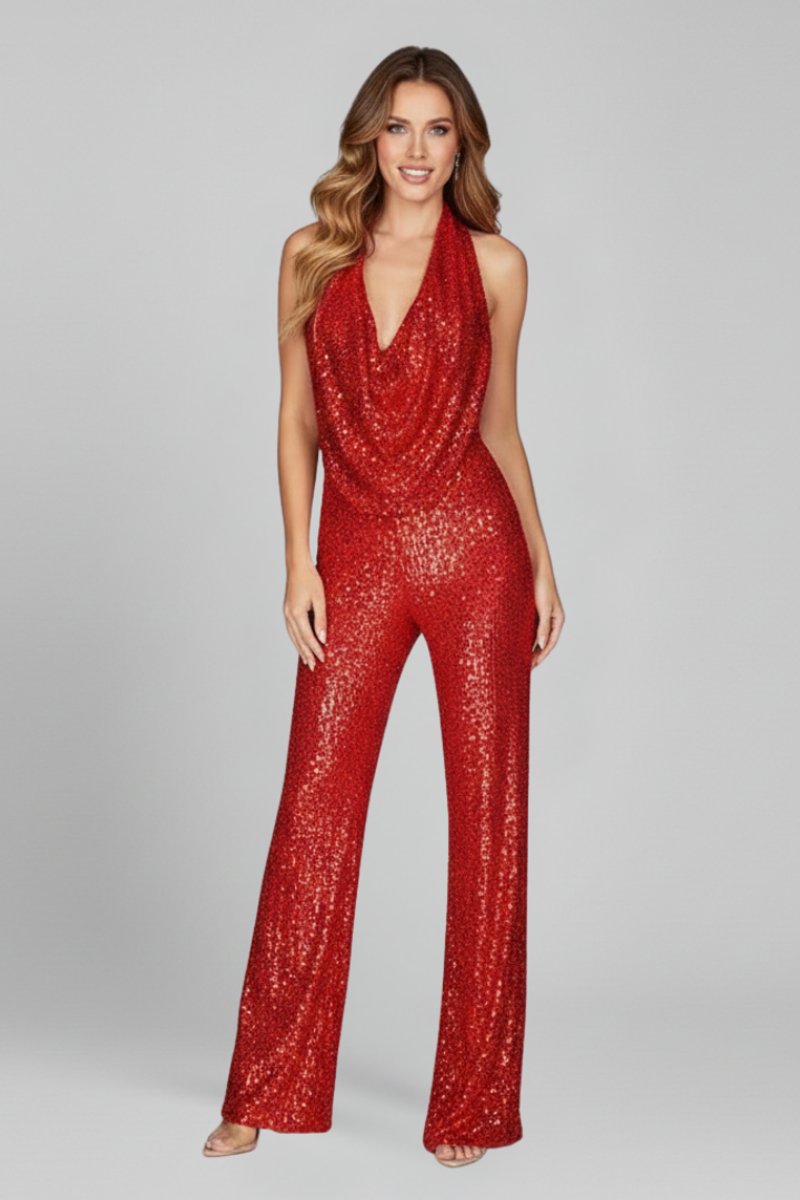 Women's Sequin Jumpsuit, Halter Neck, Wide Leg Evening Wear for Glamorous Celebrations 7