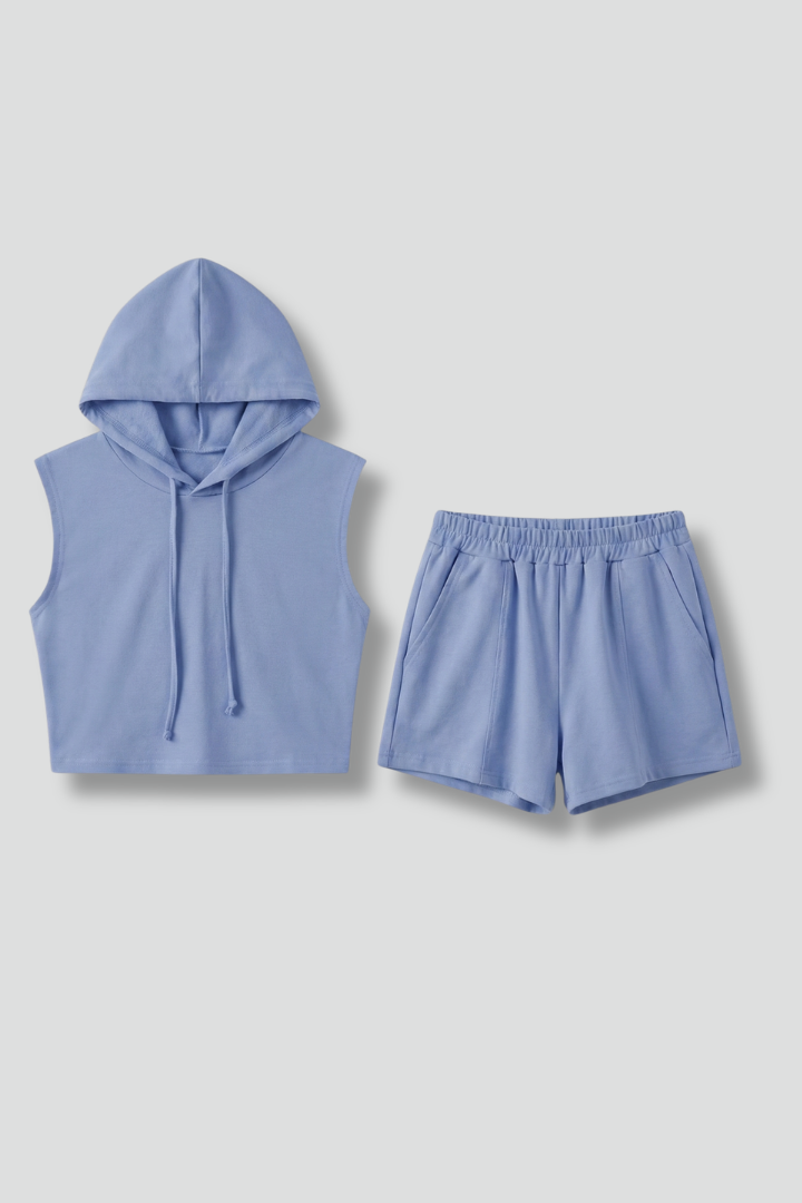 Women’s Sleeveless Hooded Crop Top and Elastic Waist Shorts Set for Summer 1