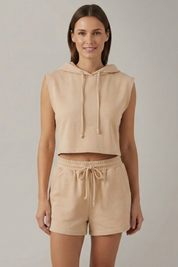 Women’s Sleeveless Hooded Crop Top and Elastic Waist Shorts Set for Summer 5