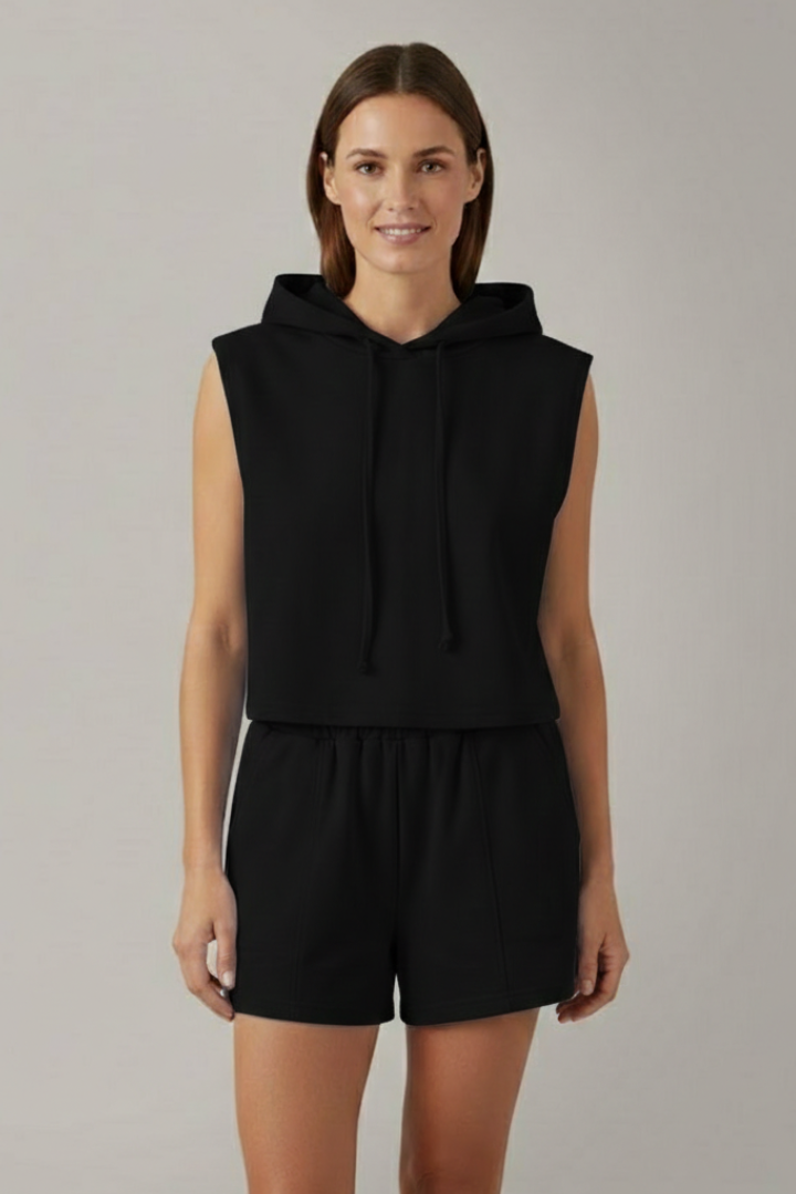 Women’s Sleeveless Hooded Crop Top and Elastic Waist Shorts Set for Summer 6