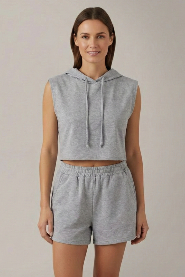 Women’s Sleeveless Hooded Crop Top and Elastic Waist Shorts Set for Summer 7