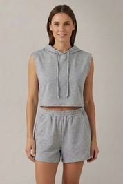 Women’s Sleeveless Hooded Crop Top and Elastic Waist Shorts Set for Summer 7