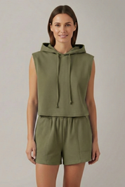 Women’s Sleeveless Hooded Crop Top and Elastic Waist Shorts Set for Summer 8