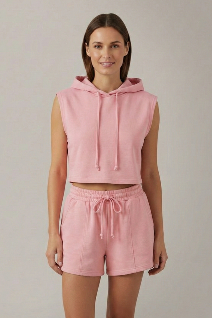 Women’s Sleeveless Hooded Crop Top and Elastic Waist Shorts Set for Summer 9