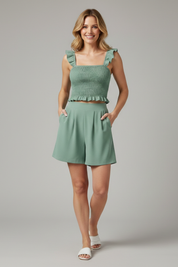 Women’s Sleeveless Ruffle Top and Elastic Waist Shorts Set for Summer 0