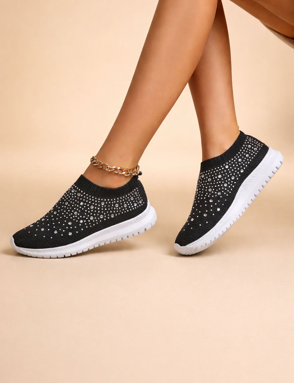 Women's Slip-On Sneakers Comfortable Knit with Rhinestone Embellishments 2