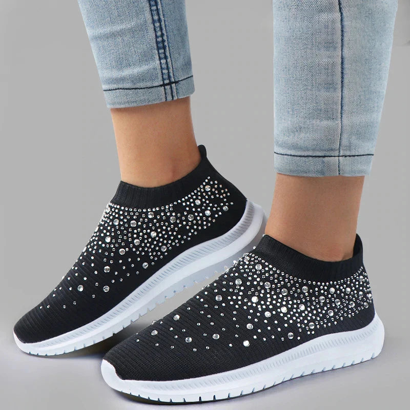 Women's Slip-On Sneakers Comfortable Knit with Rhinestone Embellishments 8