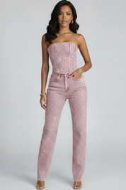 Women’s Strapless Top and High-Waisted Trousers Set for Evening Wear 0