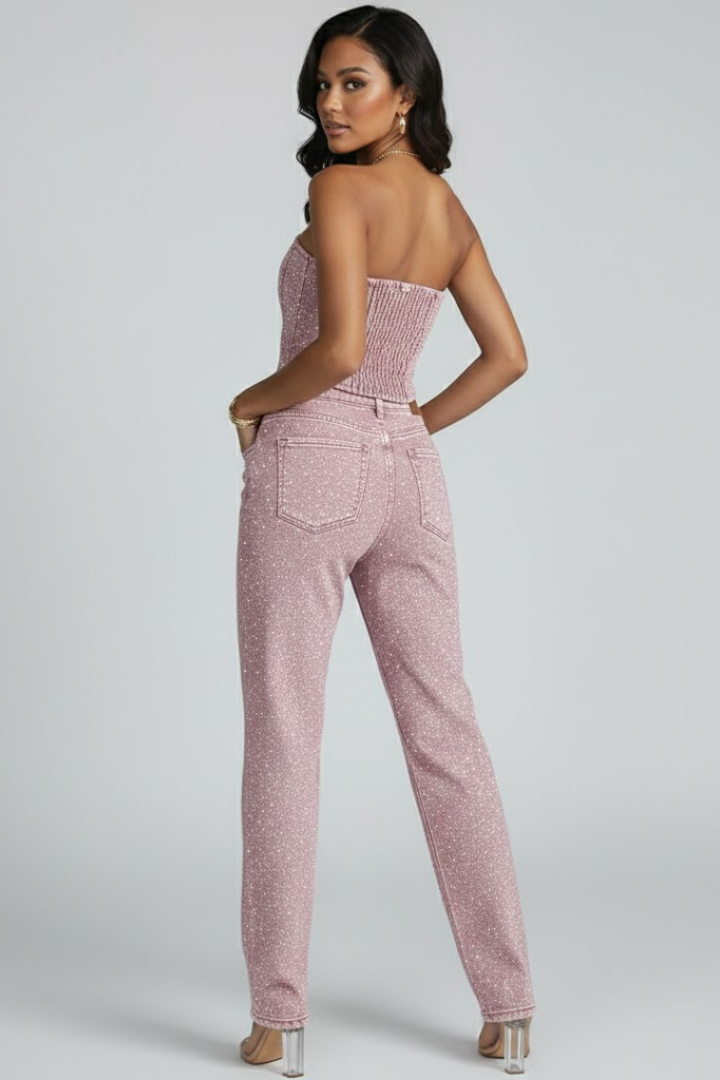 Women’s Strapless Top and High-Waisted Trousers Set for Evening Wear 3