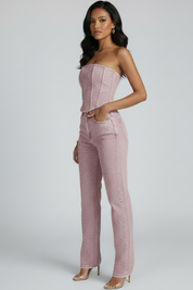 Women’s Strapless Top and High-Waisted Trousers Set for Evening Wear 4