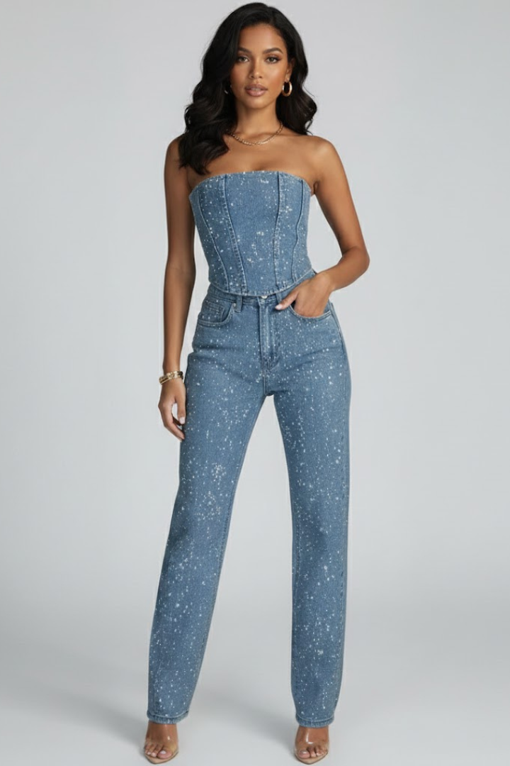 Women’s Strapless Top and High-Waisted Trousers Set for Evening Wear 5