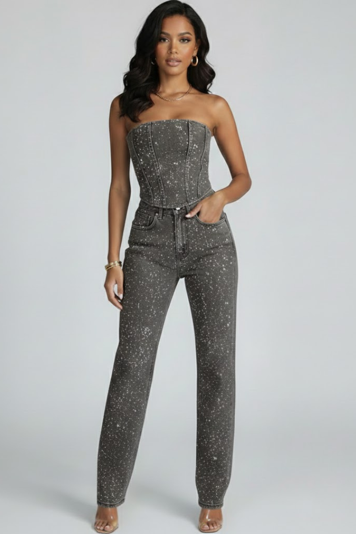 Women’s Strapless Top and High-Waisted Trousers Set for Evening Wear 6