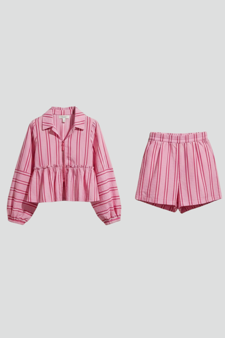 Women’s Striped Long-Sleeve Top and High-Waisted Shorts Set for Summer Casual Wear 1