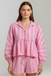 Women’s Striped Long-Sleeve Top and High-Waisted Shorts Set for Summer Casual Wear 2