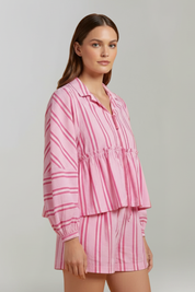 Women’s Striped Long-Sleeve Top and High-Waisted Shorts Set for Summer Casual Wear 3