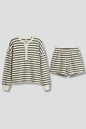 Women’s Striped Two-Piece Set with Button Front Top and Elastic Waist Shorts 1