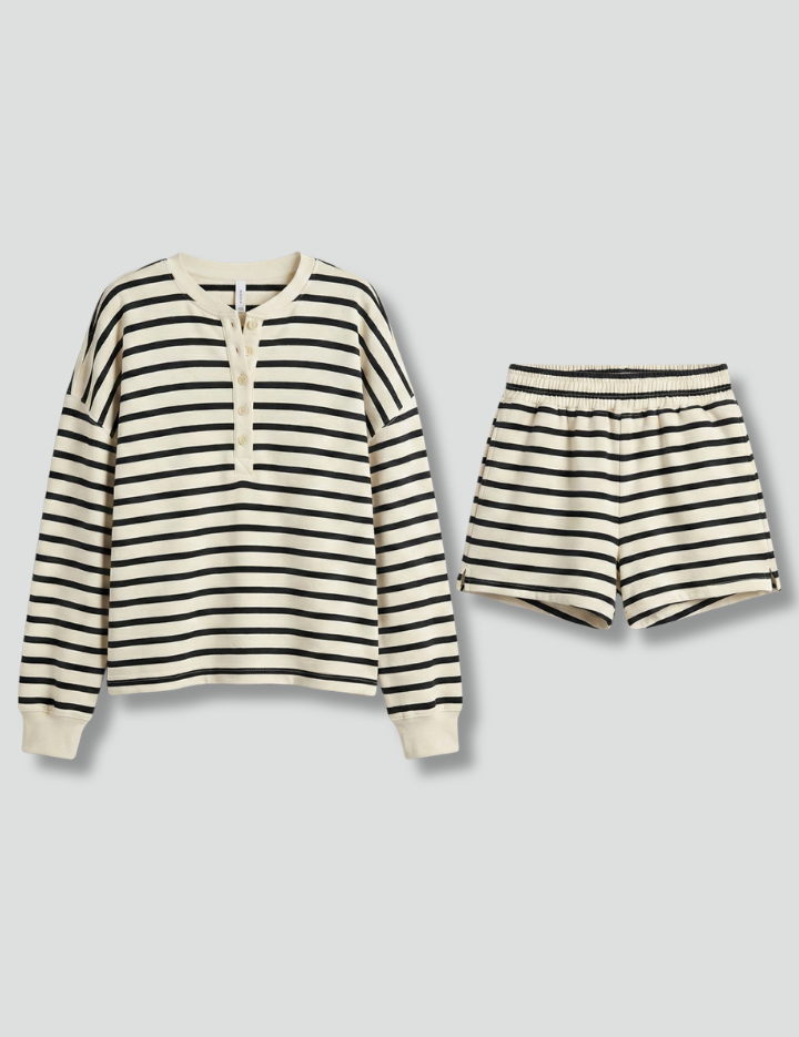 Women’s Striped Two-Piece Set with Button Front Top and Elastic Waist Shorts 1