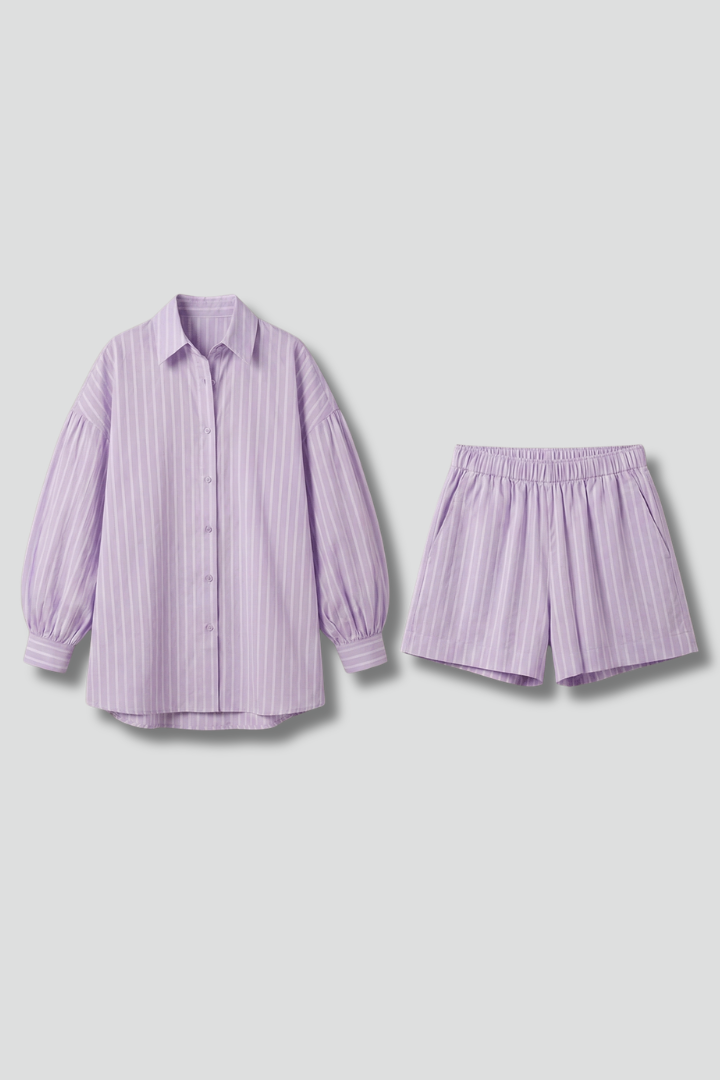 Women’s Striped Two Piece Set with Button Shirt and Elastic Waist Shorts 1