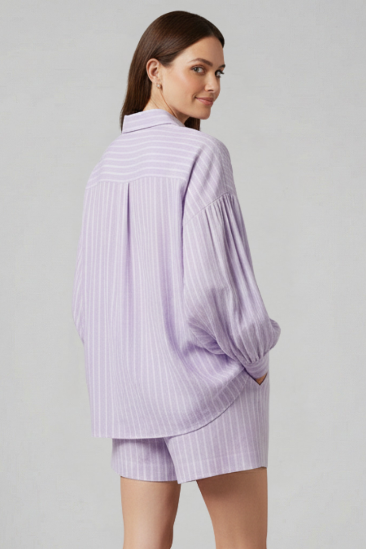 Women’s Striped Two Piece Set with Button Shirt and Elastic Waist Shorts 2