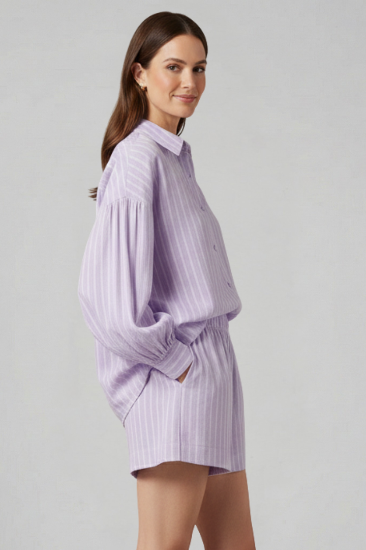 Women’s Striped Two Piece Set with Button Shirt and Elastic Waist Shorts 3