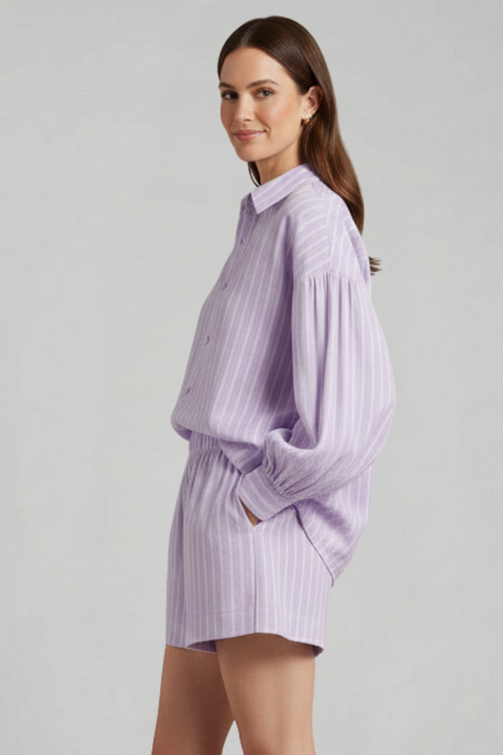 Women’s Striped Two Piece Set with Button Shirt and Elastic Waist Shorts 4