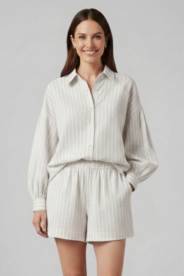 Women’s Striped Two Piece Set with Button Shirt and Elastic Waist Shorts 5