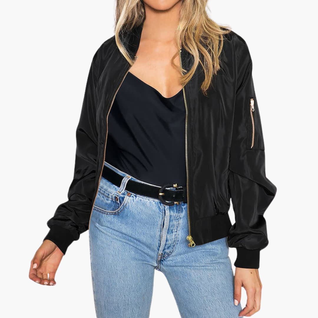 Women's Stylish Bomber Jacket with Functional Pockets and Zip Closure for Versatile Casual Wear 0