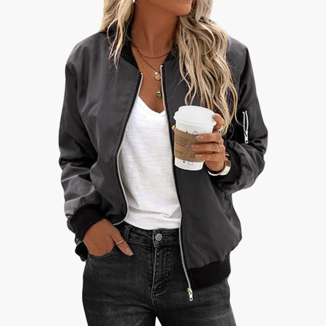 Women's Stylish Bomber Jacket with Functional Pockets and Zip Closure for Versatile Casual Wear 3
